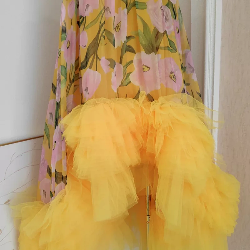 CHICEVER Patchwork Mesh Hit Color Print Long Dress For Women 2024