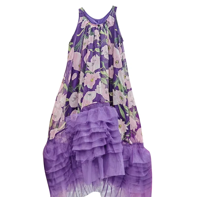 CHICEVER Patchwork Mesh Hit Color Print Long Dress For Women 2024