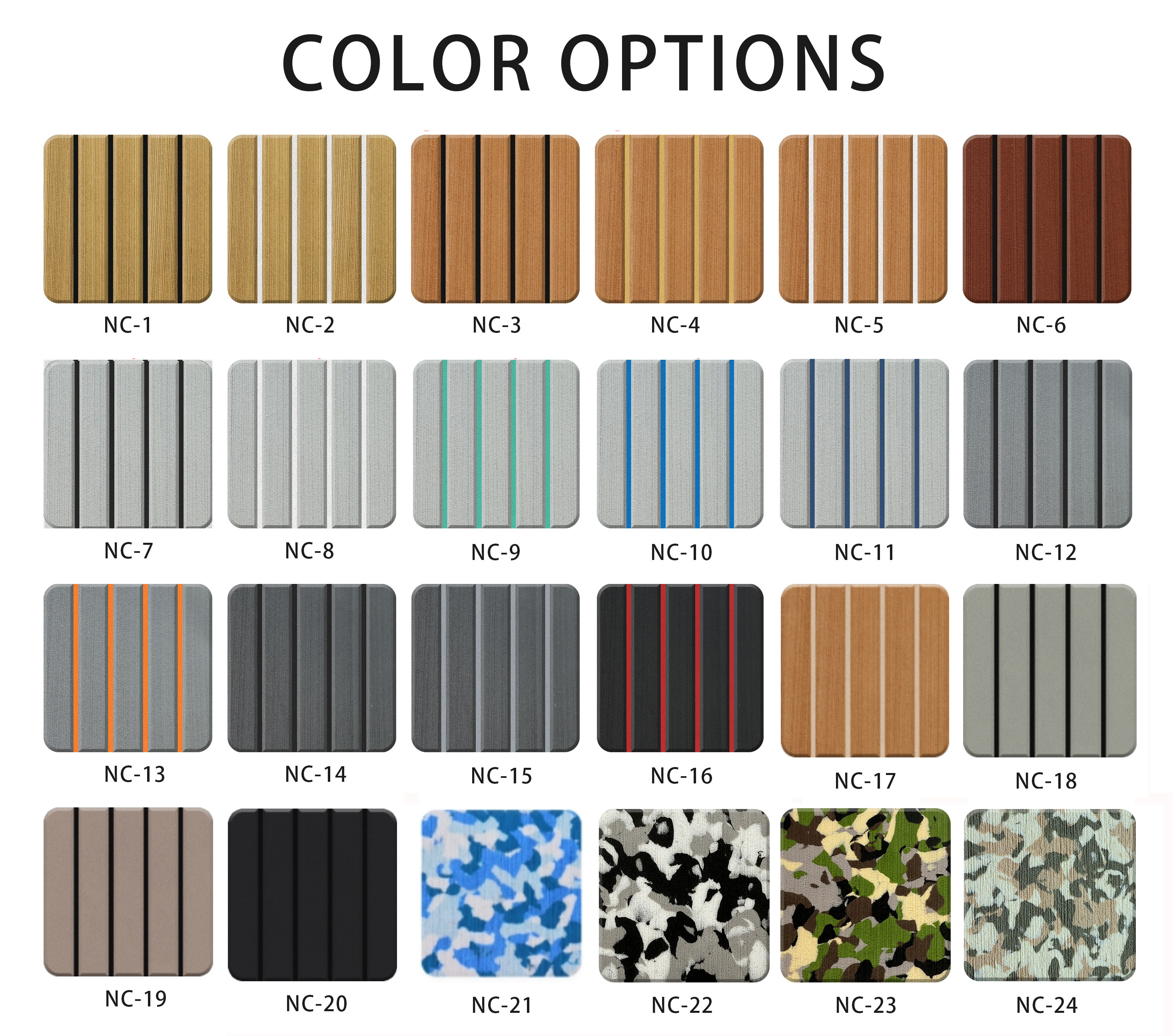 Color swatch of EVA boat flooring, showcasing over 100 color options for customization
