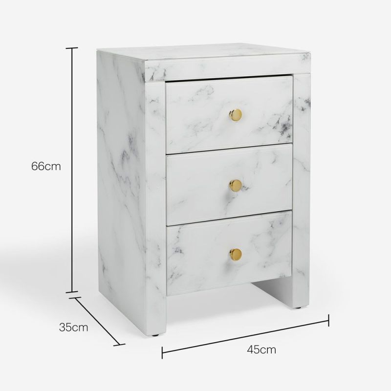 White Marble Nightstand, Stylish and Functional Three-Drawer Bedside Table with White Marble Textured Tempered Glass Surface and Golden Metal Handle