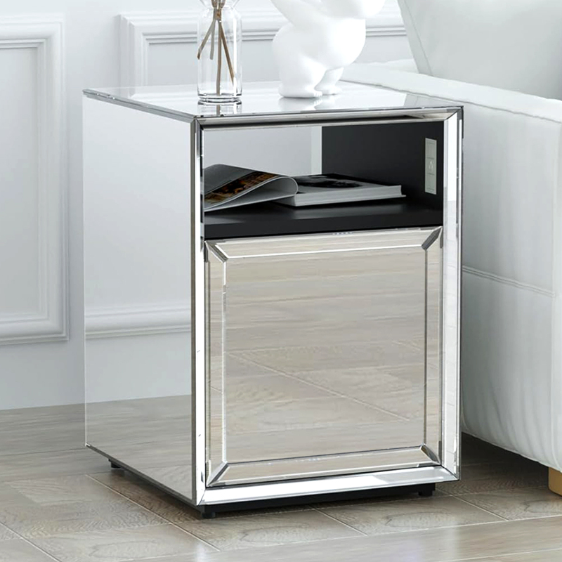 LED Mirrored Nightstand - Silver 2-Tier and 1-Drawer Mirrored End Table for Bedroom for Living Room (Built-in 142 Dynamic Effects and 18 Music Effects)