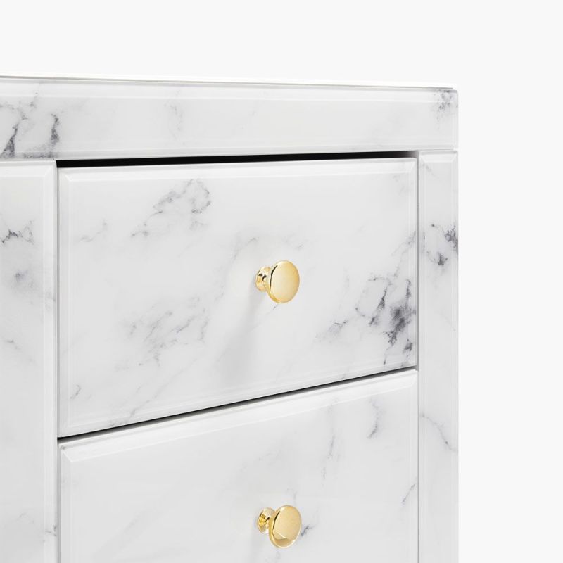 White Marble Nightstand, Stylish and Functional Three-Drawer Bedside Table with White Marble Textured Tempered Glass Surface and Golden Metal Handle