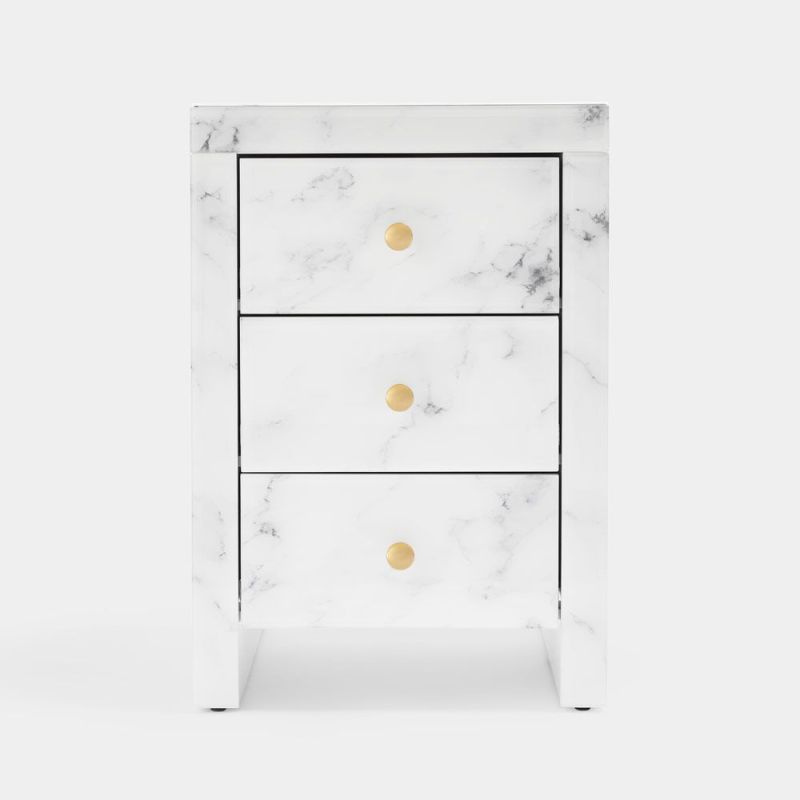 White Marble Nightstand, Stylish and Functional Three-Drawer Bedside Table with White Marble Textured Tempered Glass Surface and Golden Metal Handle