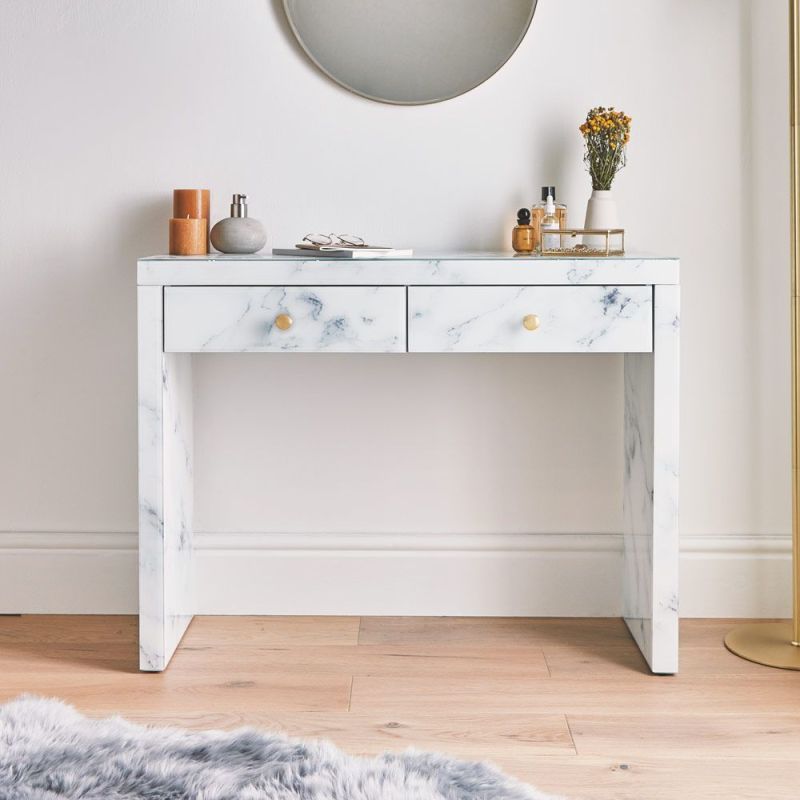 White Marble Vanity Desk - 40” Tempered Glass Surface White Marble Makeup Vanity Table Desk with Drawers for Bedroom
