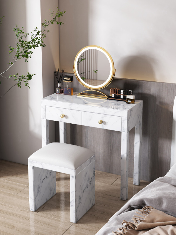 White Marble Vanity Desk - Tempered Glass Surface White Marble Makeup Vanity Table Desk with Drawers for Bedroom