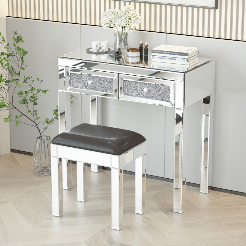 Mirrored Vanity Stool - Modern Makeup Bench with Pu Leather, Dressing Chair Cushioned for Bedroom for Living Room
