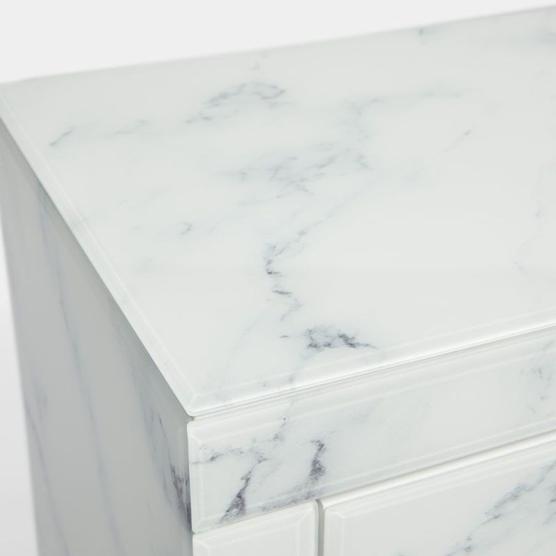 White Marble Nightstand, Stylish and Functional Three-Drawer Bedside Table with White Marble Textured Tempered Glass Surface and Golden Metal Handle