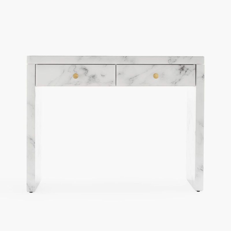 White Marble Vanity Desk - 40” Tempered Glass Surface White Marble Makeup Vanity Table Desk with Drawers for Bedroom