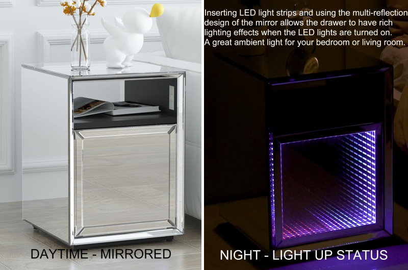 LED Mirrored Nightstand - Silver 2-Tier and 1-Drawer Mirrored End Table for Bedroom for Living Room (Built-in 142 Dynamic Effects and 18 Music Effects)