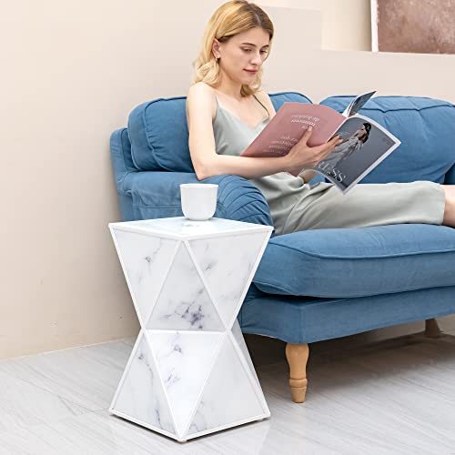 White Marbel Nightstand  - Sofa Side Table Glass End Table White Bed Side Table Modern Nightstand Small Bedside Table for Home Decor Bedroom Living Room