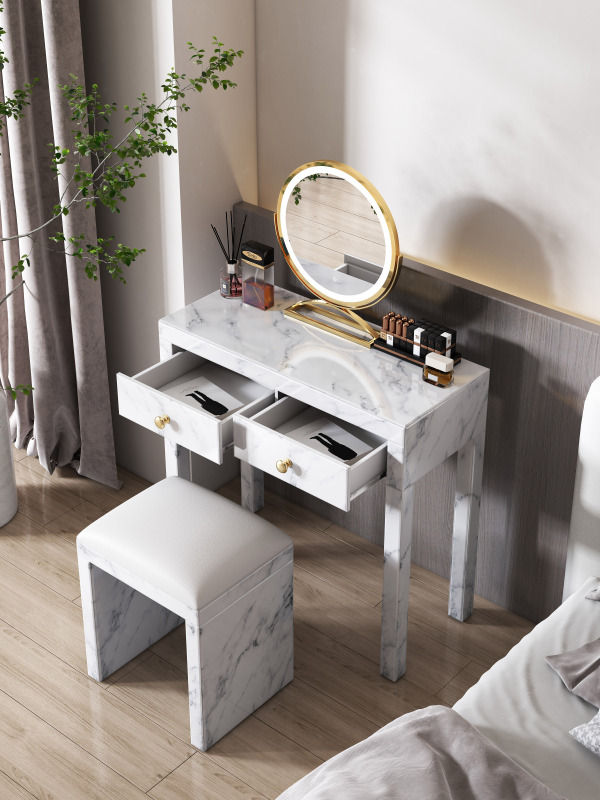 White Marble Vanity Desk - Tempered Glass Surface White Marble Makeup Vanity Table Desk with Drawers for Bedroom