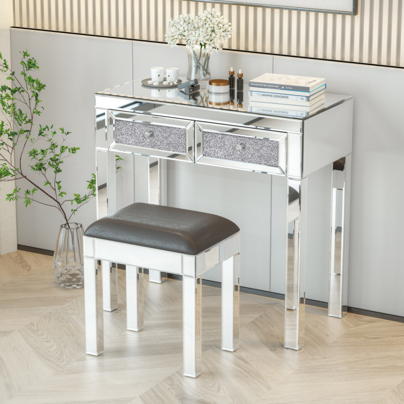 Mirrored Vanity Stool - Modern Makeup Bench with Pu Leather, Dressing Chair Cushioned for Bedroom for Living Room