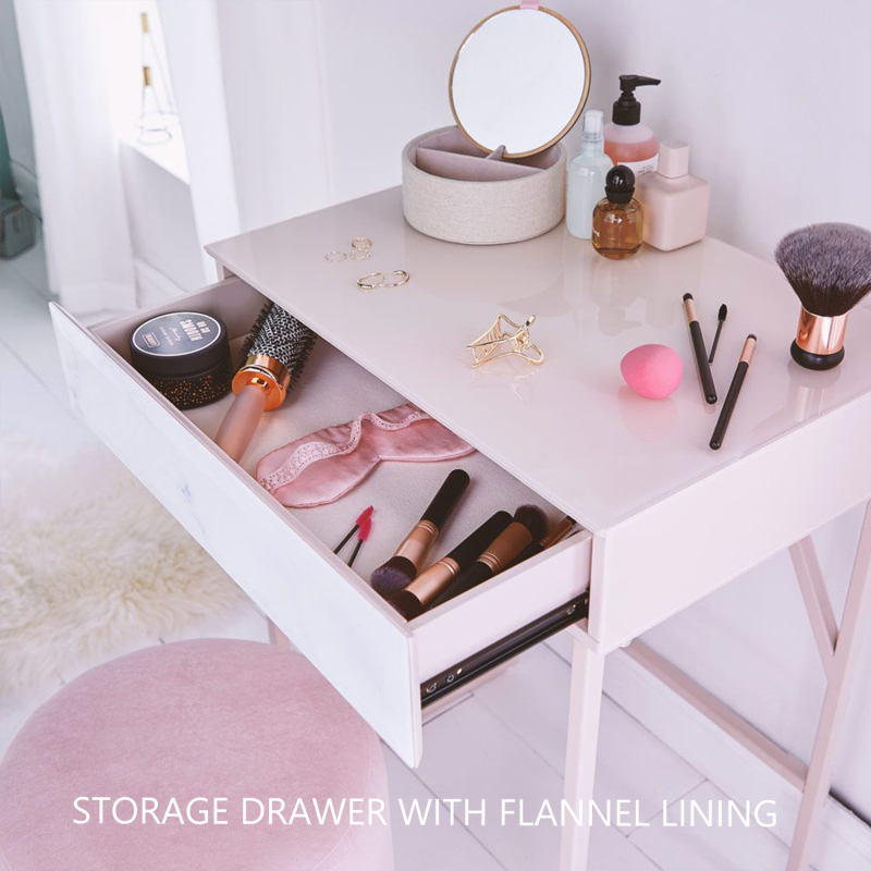 Metal Frame Style Makeup Vanity Table - 1-Drawer Simple Corner Dressing Table  -Tempered Glass Surface