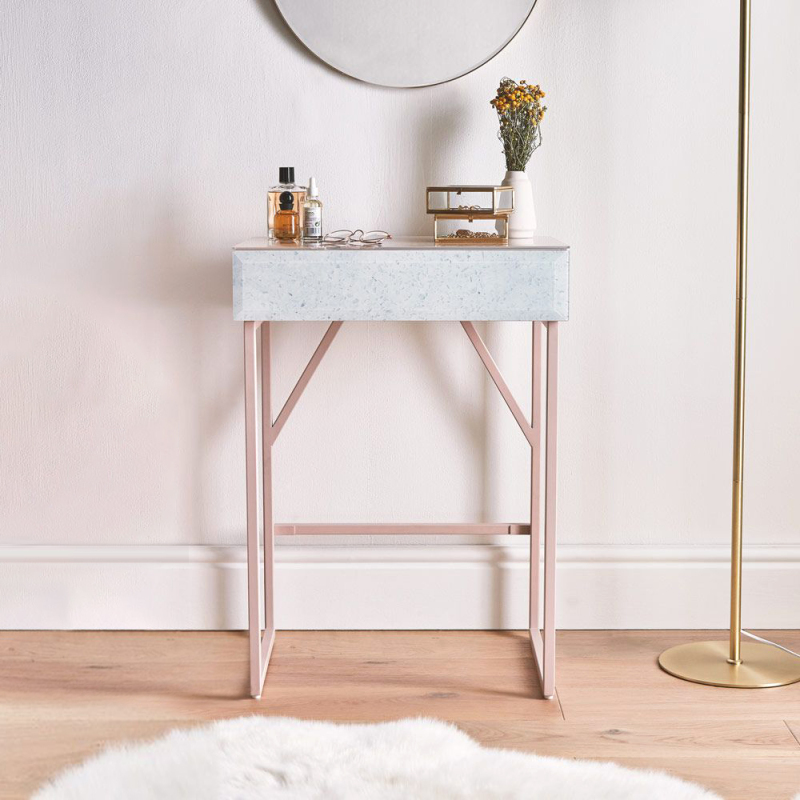 Metal Frame Style Makeup Vanity Table - 1-Drawer Simple Corner Dressing Table  -Tempered Glass Surface