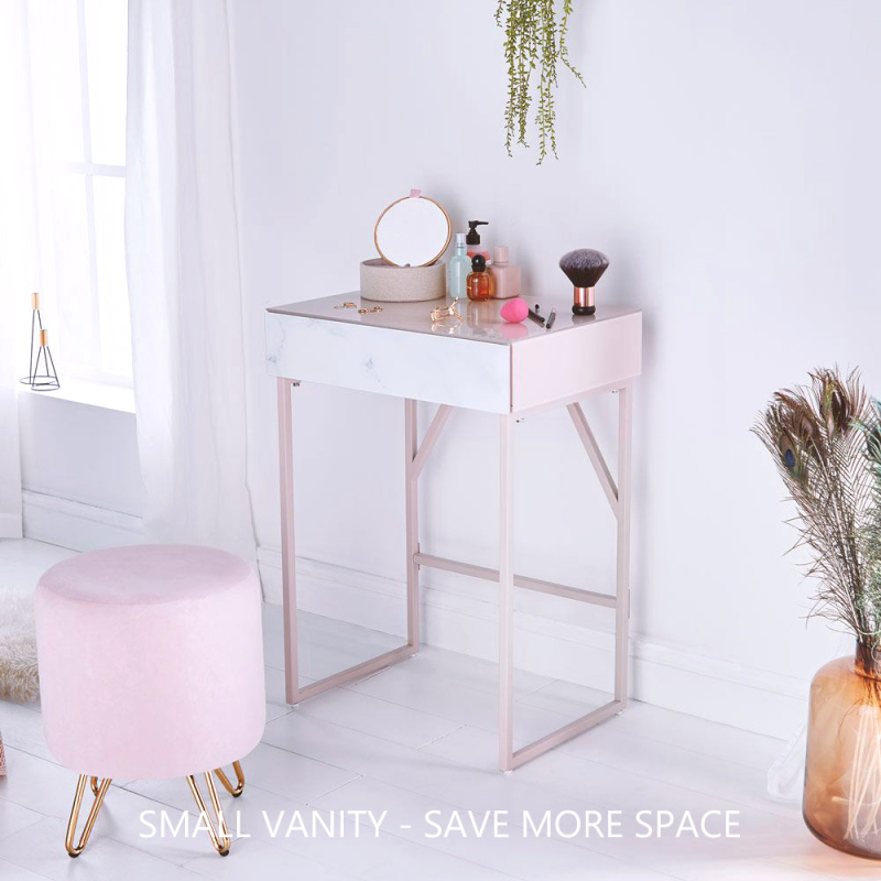 Metal Frame Style Makeup Vanity Table - 1-Drawer Simple Corner Dressing Table  -Tempered Glass Surface