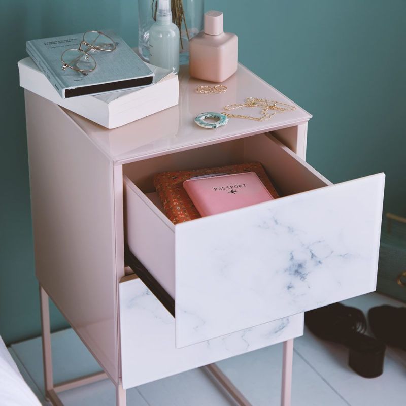 Metal Frame Nightstand with 2 Drawers - Durable Glass Surface & Pink Bedside Table for Bedroom/Small Space