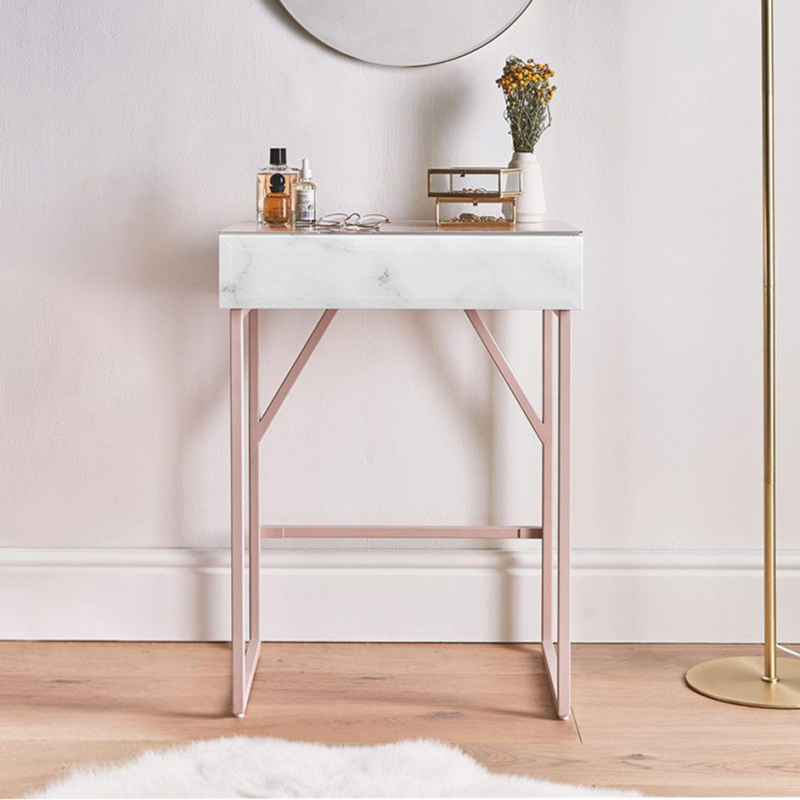 Metal Frame Style Makeup Vanity Table - 1-Drawer Simple Corner Dressing Table  -Tempered Glass Surface
