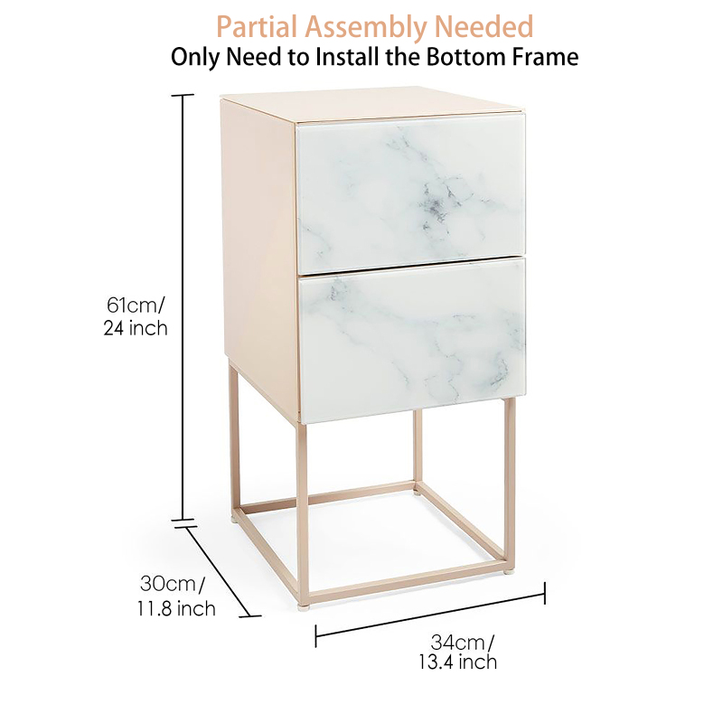 Metal Frame Nightstand with 2 Drawers - Durable Glass Surface & Pink Bedside Table for Bedroom/Small Space