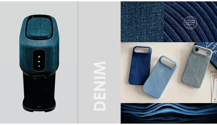 Denim material spread &mdash; denim-finish coffee machine with texture and application details