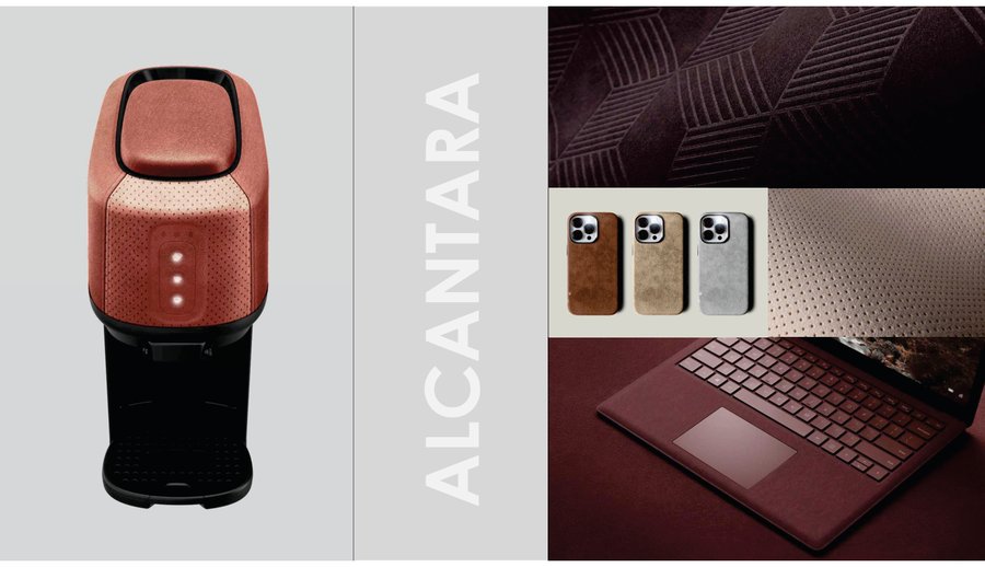 Alcantara material spread &mdash; Alcantara-finish coffee machine with texture and application details