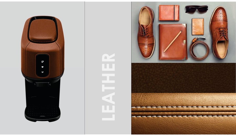 Leather material spread &mdash; leather-finish coffee machine with texture and application details