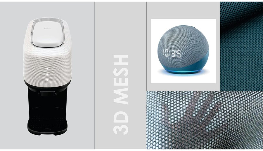 3D mesh material spread &mdash; mesh-finish coffee machine with texture and application details