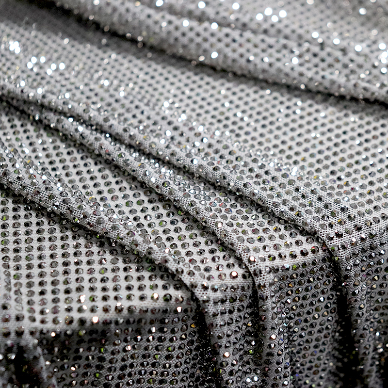 SS10 Grey Rhinestone Tulle Mesh Fabric Factory