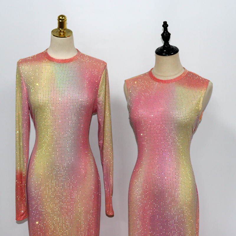 Gradient Color Rhinestone Mesh Long Dress Wholesale