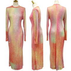Gradient Color Rhinestone Mesh Long Dress Wholesale