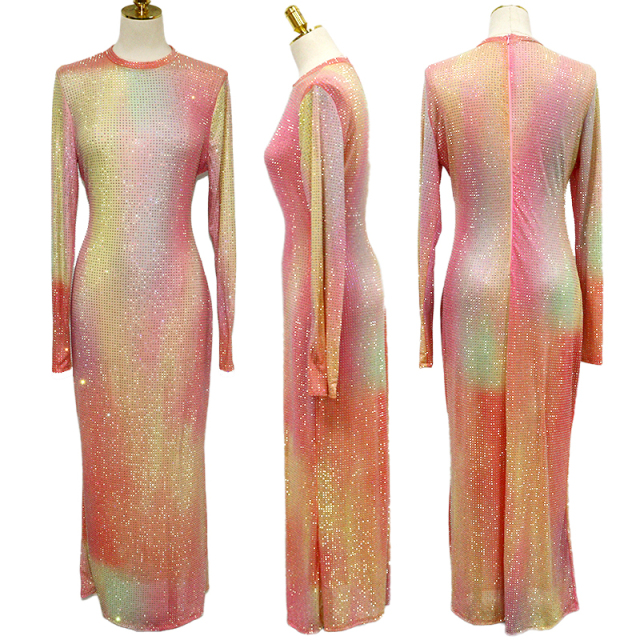 Gradient Color Rhinestone Mesh Long Dress Wholesale