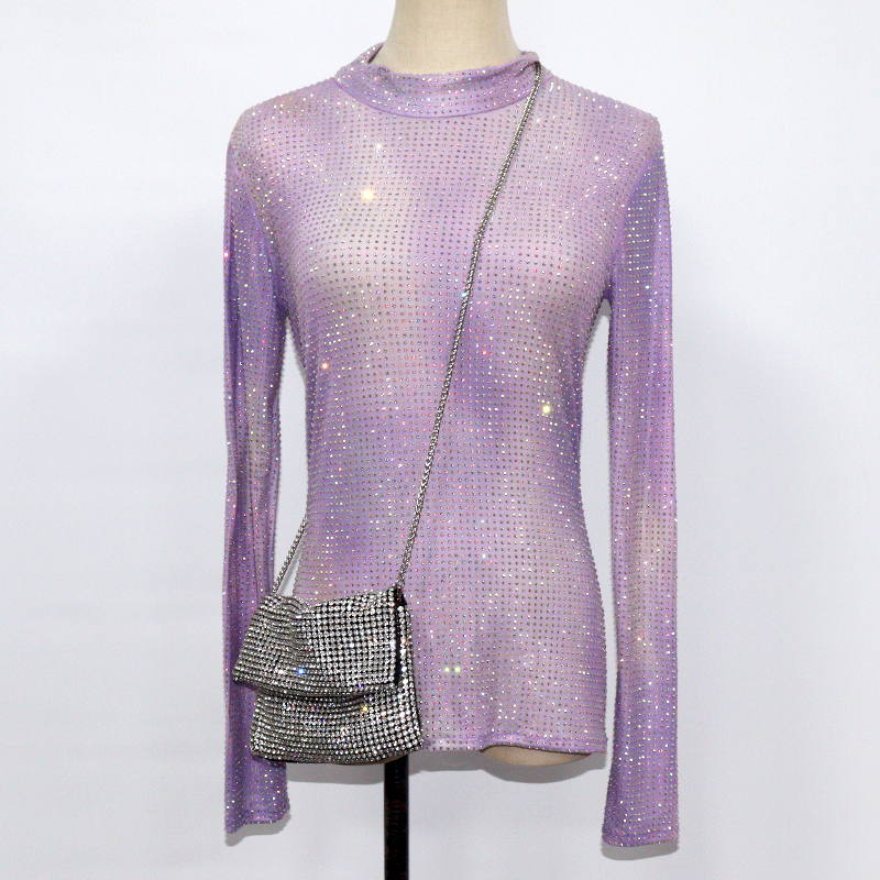 Gradient Color Long Sleeve Crystal Mesh Shirt Factory