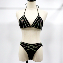 Stripe Pattern Black Crystal Bikini Set Wholesale