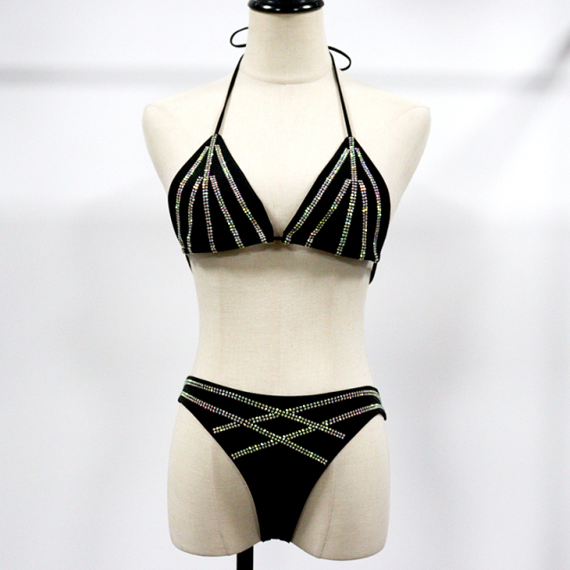 Stripe Pattern Black Crystal Bikini Set Wholesale