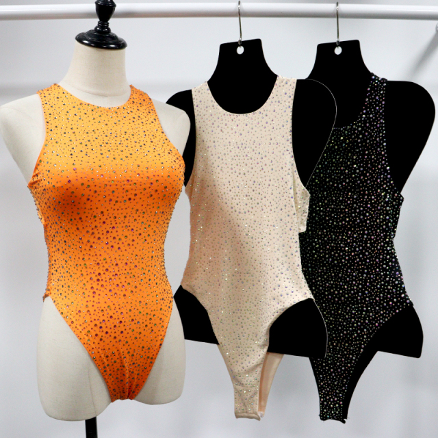 Pure Color Sleeveless Backless Crystal Swimsuit Wholesale