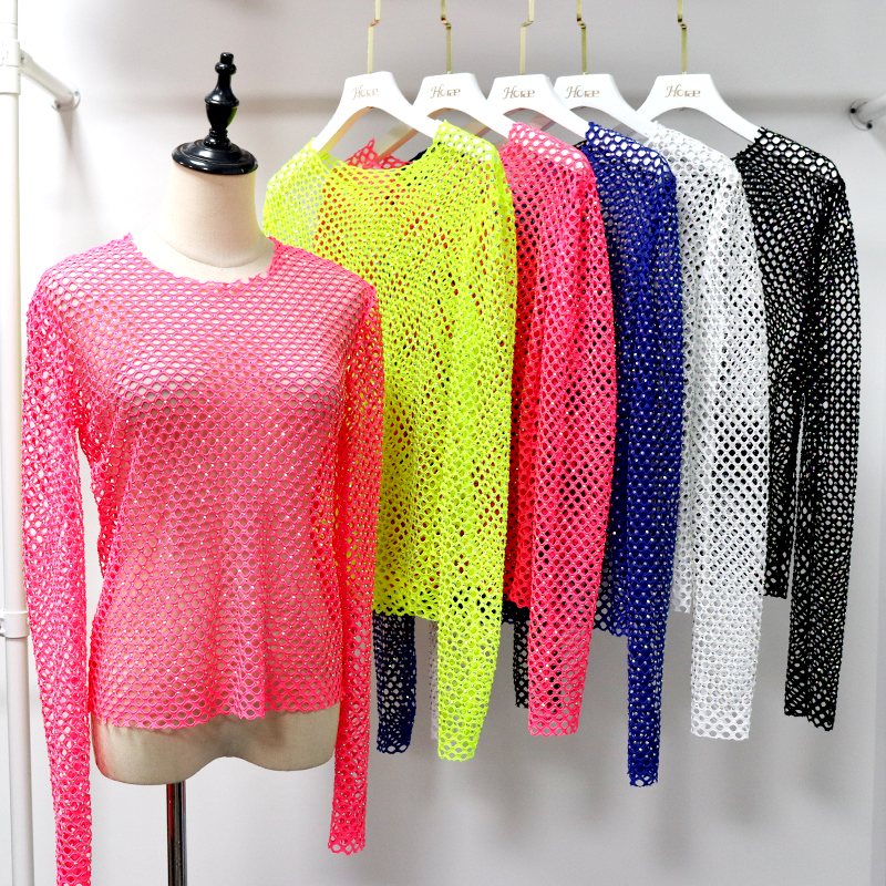 Solid Color Rhinestone Mesh T-Shirts Supplier