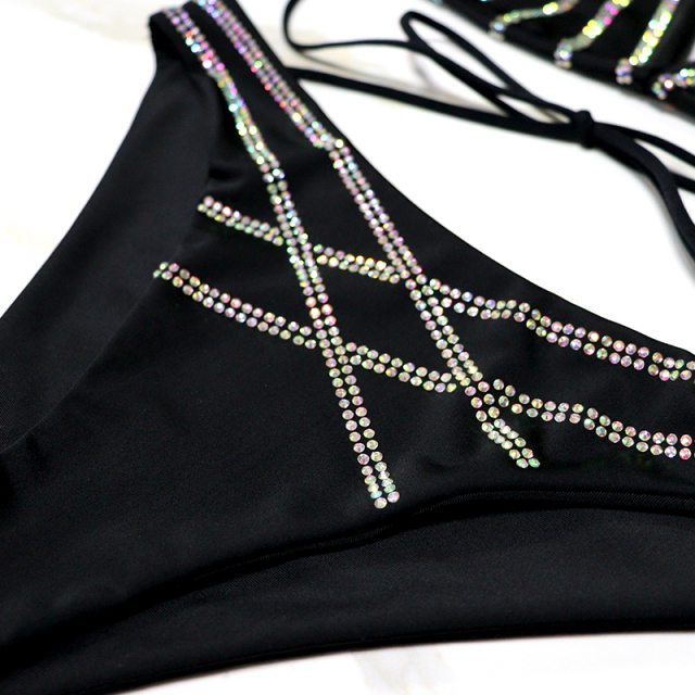Stripe Pattern Black Crystal Bikini Set Wholesale