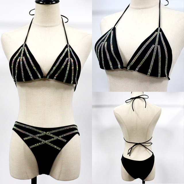 Stripe Pattern Black Crystal Bikini Set Wholesale