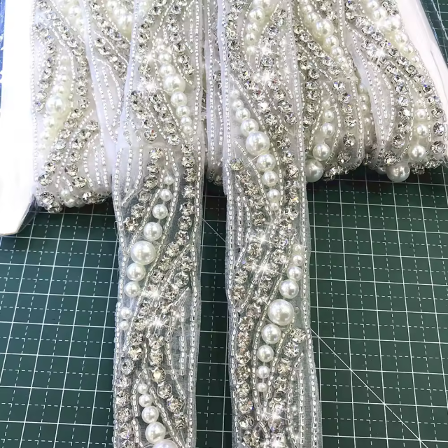 Beaded Pearl Rhinestone Applique Trimming Custom