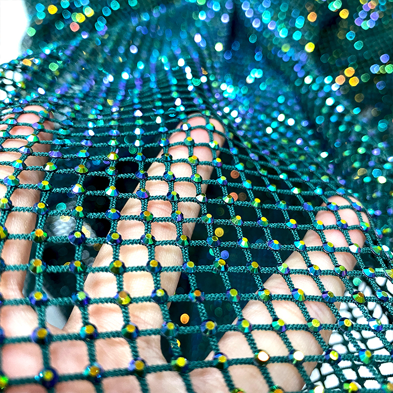 SS10 Green Golden Crystal Mesh Fabric Manufacturer