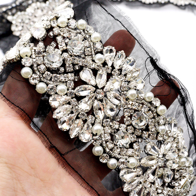 Pearl Beaded Rhinestone Applique Trim Custom