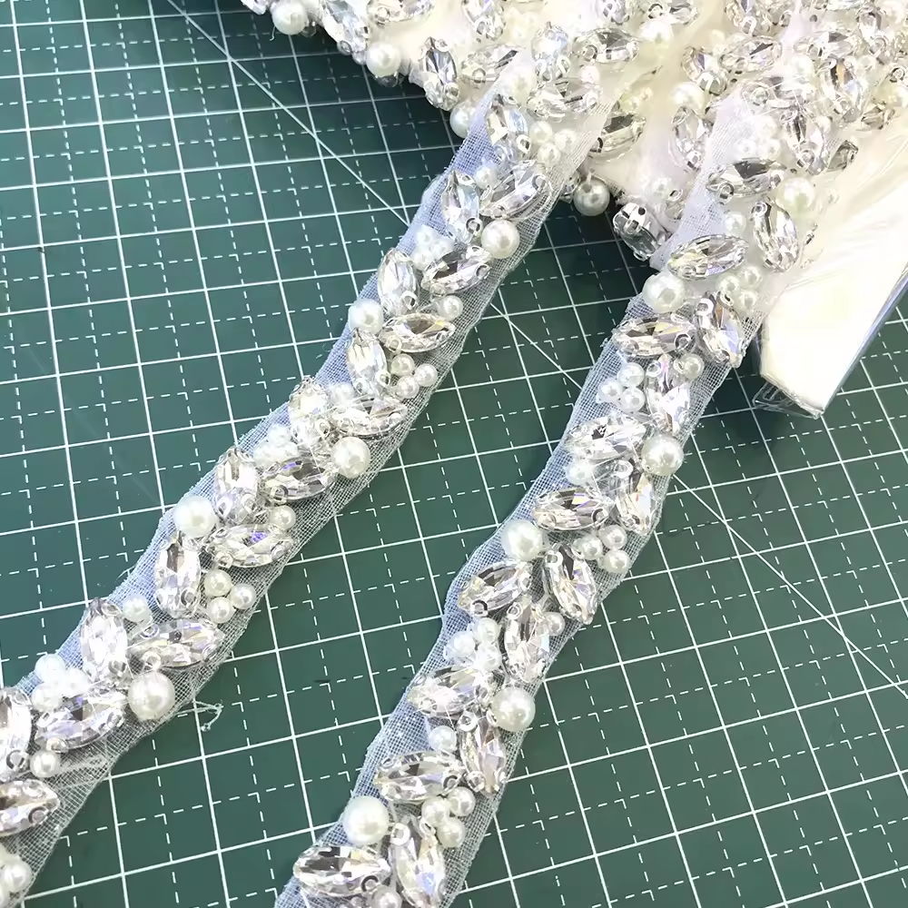 Beaded Pearl Rhinestone Applique Trimming Custom