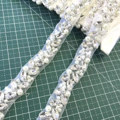 Beaded Pearl Rhinestone Applique Trimming Custom