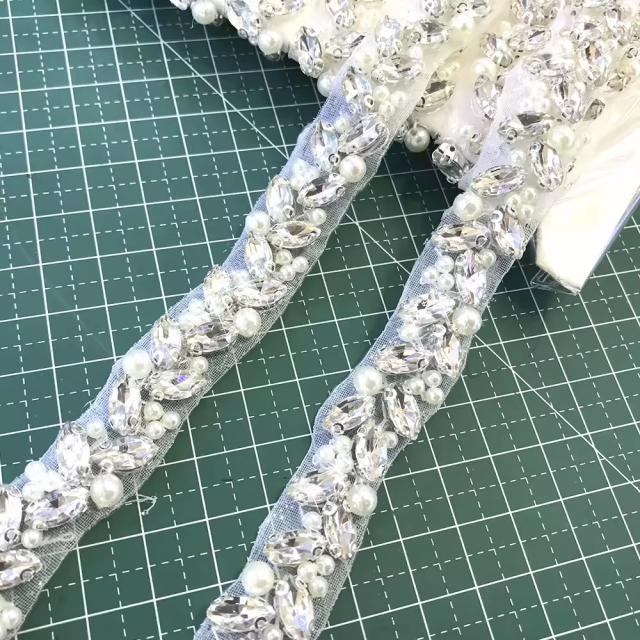 Beaded Pearl Rhinestone Applique Trimming Custom