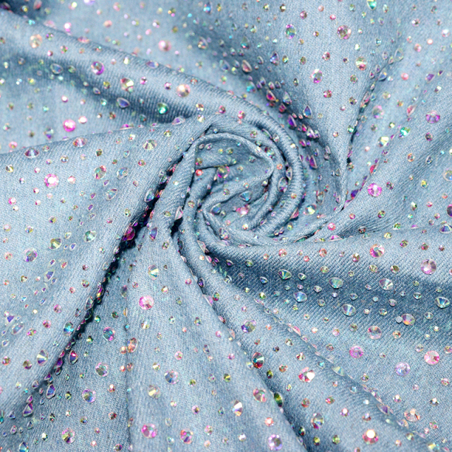 Randomly Mix 3 Different Sizes White AB Rhinestone Denim Fabric Wholesale