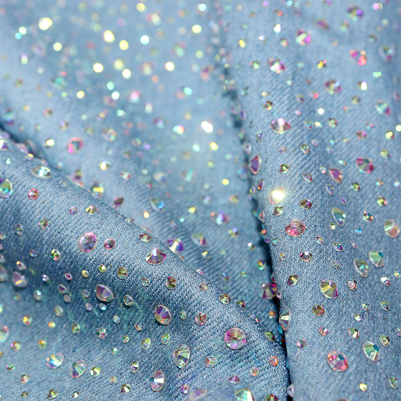 Randomly Mix 3 Different Sizes White AB Rhinestone Denim Fabric Wholesale