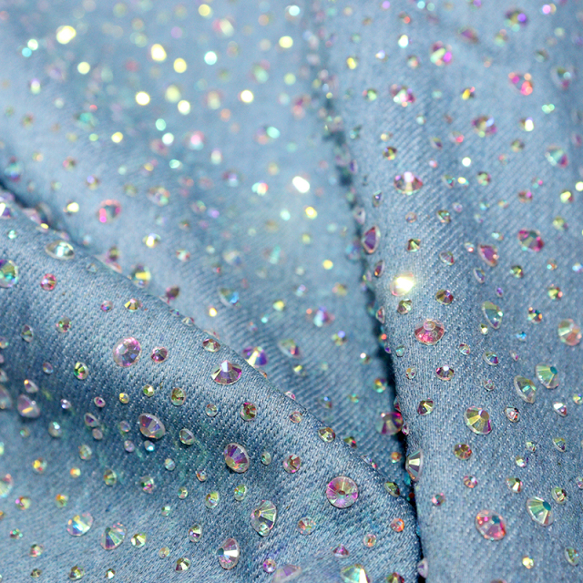 Randomly Mix 3 Different Sizes White AB Rhinestone Denim Fabric Wholesale