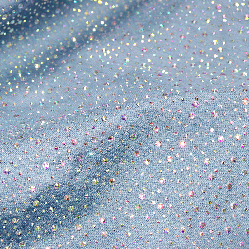 Randomly Mix 3 Different Sizes White AB Rhinestone Denim Fabric Wholesale