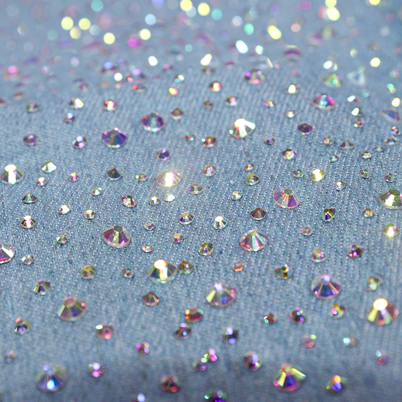 Randomly Mix 3 Different Sizes White AB Rhinestone Denim Fabric Wholesale