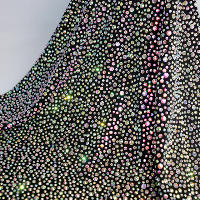 Randomly Mix 3 Different Sizes White AB Rhinestone Matte Nylon Spandex Fabric Wholesale