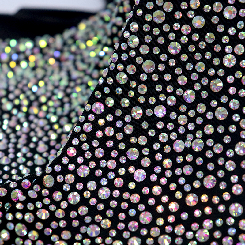 Randomly Mix 3 Different Sizes White AB Rhinestone Matte Nylon Spandex Fabric Wholesale